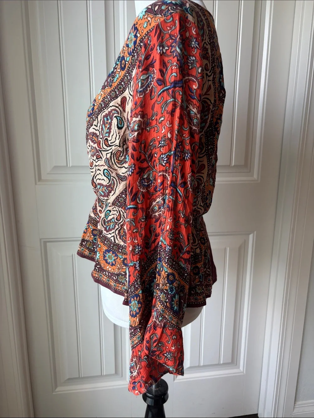 🩷 Free People Multi‑Color Floral Patterned Blouse with Rust & Orange Accents